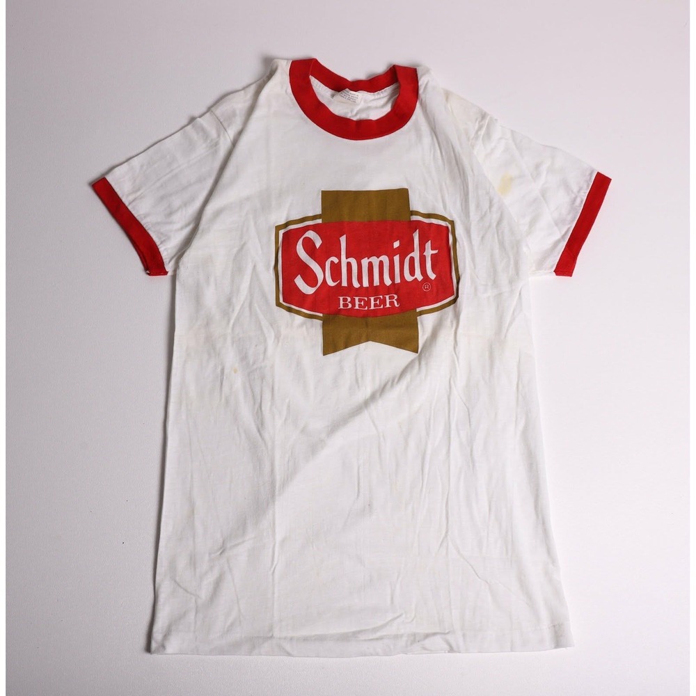 Vintage 80s Schmidt Beer Ringer T-Shirt Mens Large White Red Sneakers Made USA